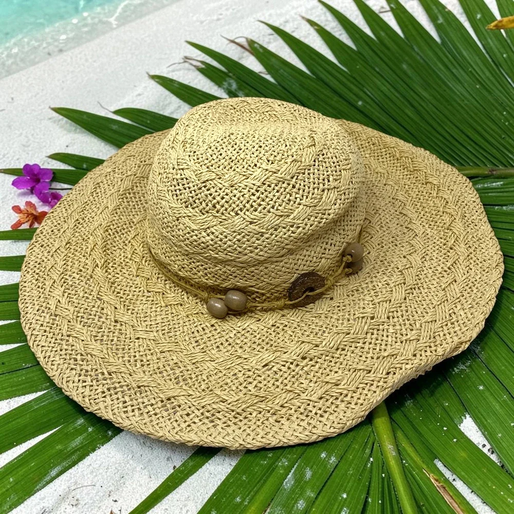 Banana Republic M/L Floppy Straw Sun Hat Natural Raffia Paper Wide Brim Beachy